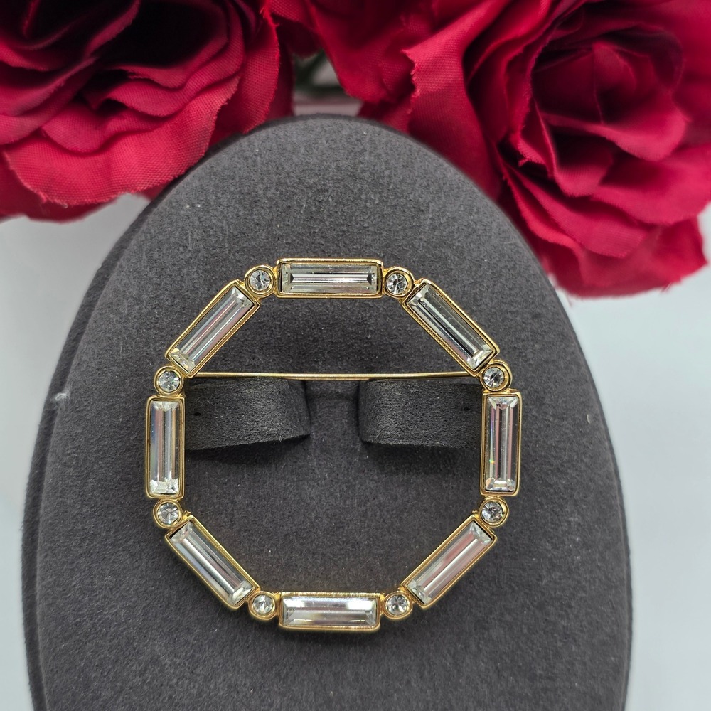 Monet Gold Tone‎ Baguette Crystal Circle Brooch Wreath Pin Geometric Clear Stone